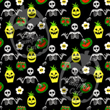 Load image into Gallery viewer, A halloween-themed pattern featuring skeletons, pumpkin pineapples, spooky watermelon slices, and white skull flowers.