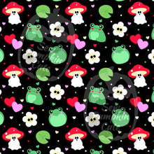 Load image into Gallery viewer, A spring Halloween themed pattern with cartoon frogs, lily pads, ghosts with a mushroom top, hearts, and skull flowers.