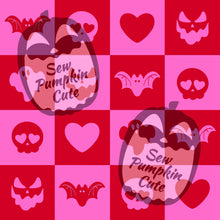 Load image into Gallery viewer, Checkered Anti-Valloween pattern in red and pink with valloween icons, bat, lips, skull, heart, pumpkin face, in each square with inverted colors