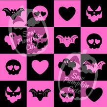 Load image into Gallery viewer, Checkered Valloween pattern in black and pink with valloween icons, bat, lips, skull, heart, pumpkin face, in each square with inverted colors
