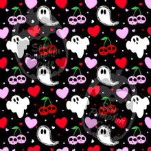 Load image into Gallery viewer, Pattern of ghosts, cherries, and hearts on a black background for a Valloween design.