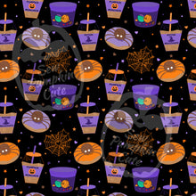 Load image into Gallery viewer, A Halloween-themed pattern of donuts, coffee, and webs items with a purple and orange color scheme on a black background