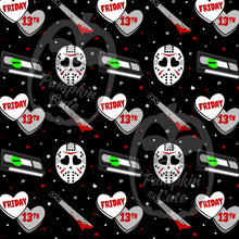 Load image into Gallery viewer, A valloween-themed cartoonish pattern with bloody knives, horror vhs tape, hockey mask with heart eyes, and Friday the 13th hearts on a black background.