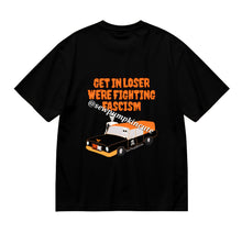 Load image into Gallery viewer, Mock up of ‘Get in loser, we’re fighting fascism’ tee that features a hearse and two skeletons in an orange color scheme.