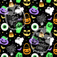 Load image into Gallery viewer, A Halloween-themed pattern of ghosts, pumpkin faces, webs, coffins, cauldrons, candy corn, and eyeballs in an orange, green, purple, green, yellow, and white color scheme on a black background