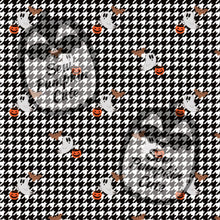 Load image into Gallery viewer, A halloween-themed houndstooth pattern featuring a ghost holding a pumpkin pail with a bat flying above