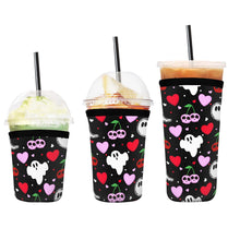 Load image into Gallery viewer, A set of three cup sleeves, in various sizes with the cherry ghouls pattern.
