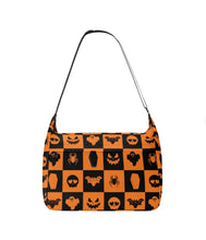 Load image into Gallery viewer, Mock-up of the Everyday, Everything bag in the checkered halloween orange pattern. This is a canvas tote bag, with a zipper opening, and 2 side pockets.