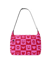 Load image into Gallery viewer, Mock-up of the Everyday, Everything bag in the checkered valloween pattern. This is a canvas tote bag, with a zipper opening, and 2 side pockets.