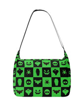Load image into Gallery viewer, Everyday, Everything bag in the checkered halloween green pattern. This is a canvas tote bag, with a zipper opening, front zipper pocket, and 2 side pockets.