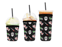 Load image into Gallery viewer, A set of three cup sleeves, in various sizes with the Friday the 13th pattern.
