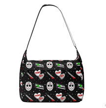 Load image into Gallery viewer, Mock-up of the Everyday, Everything bag in the Friday the 13th pattern. This is a canvas tote bag, with a zipper opening, front zipper pocket, and 2 side pockets.