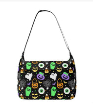 Load image into Gallery viewer, Mock-up of the Everyday, Everything bag in the halloween pattern. This is a canvas tote bag, with a zipper opening, front zipper pocket, and 2 side pockets.