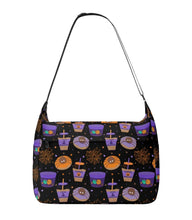 Load image into Gallery viewer, Mock-up of the Everyday, Everything bag in the dunkin pattern. This is a canvas tote bag, with a zipper opening, front zipper pocket, and 2 side pockets.