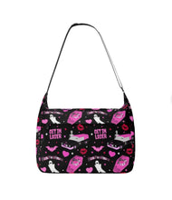 Load image into Gallery viewer, Mock-up of the Everyday, Everything bag in the mean ghouls pattern. This is a canvas tote bag, with a zipper opening, front zipper pocket, and 2 side pockets.