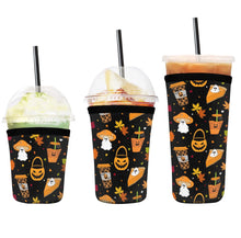 Load image into Gallery viewer, A set of three cup sleeves, in various sizes with the pumpkin spice pattern.