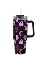 Load image into Gallery viewer, A 40oz stainless steel tumbler with a Halloween-themed witchy pink pattern.