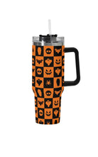 Load image into Gallery viewer, A 40oz stainless steel tumbler with a the checkered Halloween orange pattern.