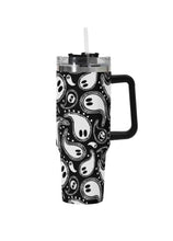 Load image into Gallery viewer, A 40oz stainless steel tumbler with a Halloween-themed ghost paisley pattern.