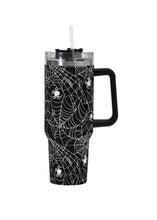 Load image into Gallery viewer, A 40oz stainless steel tumbler with a Halloween-themed spiderweb pattern.