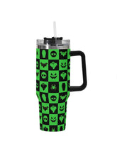 Load image into Gallery viewer, A 40oz stainless steel tumbler with a the checkered Halloween green pattern.