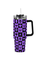 Load image into Gallery viewer, A 40oz stainless steel tumbler with a the checkered Halloween purple pattern.