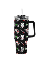 Load image into Gallery viewer, A 40oz stainless steel tumbler with a Valloween-themed Friday the 13th pattern.
