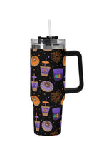 Load image into Gallery viewer, A 40oz stainless steel tumbler with a Halloween-themed dunkin pattern.