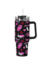 Load image into Gallery viewer, A 40oz stainless steel tumbler with a spooky pink-themed mean ghouls pattern.