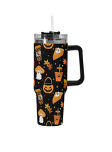 Load image into Gallery viewer, A 40oz stainless steel tumbler with an Autumn-themed pumpkin spice pattern.