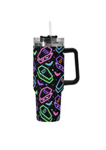 Load image into Gallery viewer, A 40oz stainless steel tumbler with a colorful neon-themed coffin cakes pattern.