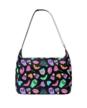 Load image into Gallery viewer, Mock-up of the Everyday, Everything bag in the pastel icons pattern. This is a canvas tote bag, with a zipper opening, front zipper pocket, and 2 side pockets.