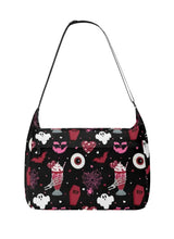 Load image into Gallery viewer, Mock-up of the Everyday, Everything bag in the red velvet pattern. This is a canvas tote bag, with a zipper opening, front zipper pocket, and 2 side pockets.
