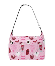 Load image into Gallery viewer, Mock-up of the Everyday, Everything bag in the red velvet pink pattern. This is a canvas tote bag, with a zipper opening, front zipper pocket, and 2 side pockets.