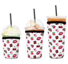 Load image into Gallery viewer, A set of three cup sleeves, in various sizes with the very cherry pattern.