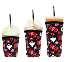 Load image into Gallery viewer, A set of three cup sleeves, in various sizes with the valloween boo pattern.