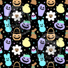 Load image into Gallery viewer, Easter and Halloween themed pattern featuring Peeps, chocolate bunnies, coffins, cauldrons, and pumpkin daisies