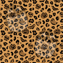Load image into Gallery viewer, A repeating Halloween-themed leopard print pattern featuring black leopard spots, leopard print spots of jack-o'-lanterns, skulls, bats, and ghosts.
