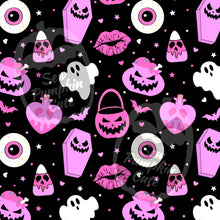 Load image into Gallery viewer, A Valloween-themed pattern of ghosts, bats, coffins, cauldrons, skelly Cupid corn, lips, and eyeballs in a variety of pink colors and white on a black background