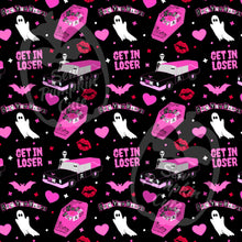 Load image into Gallery viewer, A pink, spooky, mean girls-themed pattern with a burn book coffin, a hearse, lips, bats, hearts, ghosts, and with popular movie phrases, on a black background.