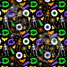 Load image into Gallery viewer, A Halloween-themed pattern featuring nostalgic halloween toys such as white and orange gummiy skeleton figures, green and purple witch fingers, orange and yellow bat squishies, candy corn, ring spiders, and purple and green vampire teeth.