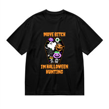 Load image into Gallery viewer, Black t-shirt with Halloween-themed graphics and text on a plain background