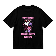 Load image into Gallery viewer, Black t-shirt with pink Halloween-themed graphics and text on a plain background