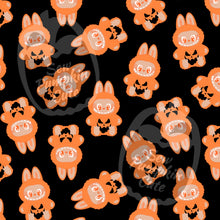 Load image into Gallery viewer, A Halloween-themed pattern of orange colored labubus with a pumpkin face on her tummy on a black background