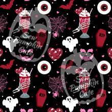 Load image into Gallery viewer, A Valloween-themed pattern of ghosts, bats, spiderwebs, coffins, red velvet cookies, a skeleton hand holding a red velvet milkshake, and eyeballs in pink, white, and red velvet colors on a black background.