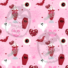 Load image into Gallery viewer, A Valloween-themed pattern of ghosts, bats, spiderwebs, coffins, red velvet cookies, a skeleton hand holding a red velvet milkshake, and eyeballs in pink, white, and red velvet colors on a pink background.