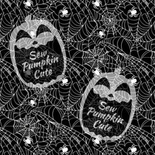 Load image into Gallery viewer, A pattern of spiderwebs featuring spiders and the Sew Pumpkin Cute logo.