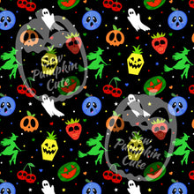 Load image into Gallery viewer, Halloween-themed pattern with boo-berries, ghosts, skull cherries, skull-berries, witches, watermelon pumpkins, and skull oranges.