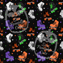 Load image into Gallery viewer, Pattern of halloween themed spooky skates. Featuring skates with ghosts, webs, and pumpkin faces.