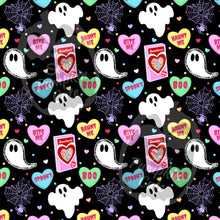Load image into Gallery viewer, Colorful pastel Halloween and Valentines-themed pattern on a black background with sweethearts candy box, spiderwebs, spooky text heart candies, and ghosts.
